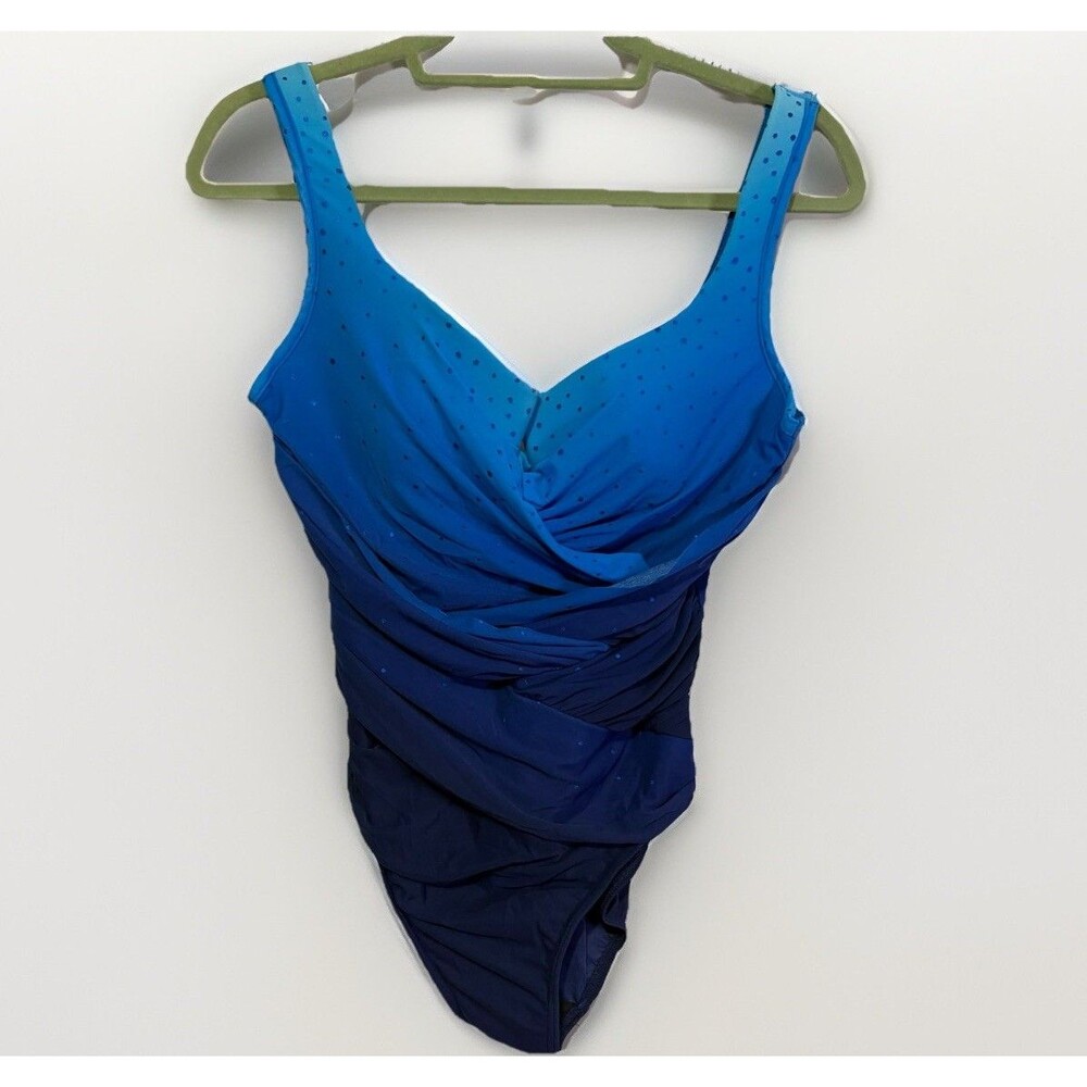 Miraclesuit Womens Blue Ombré Layered V-Neck One Piece Swimsuit 14 Tummy Control